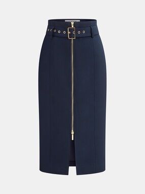 Commense Navy Belted Zip-Front Split Midi Skirt Size XS NWT